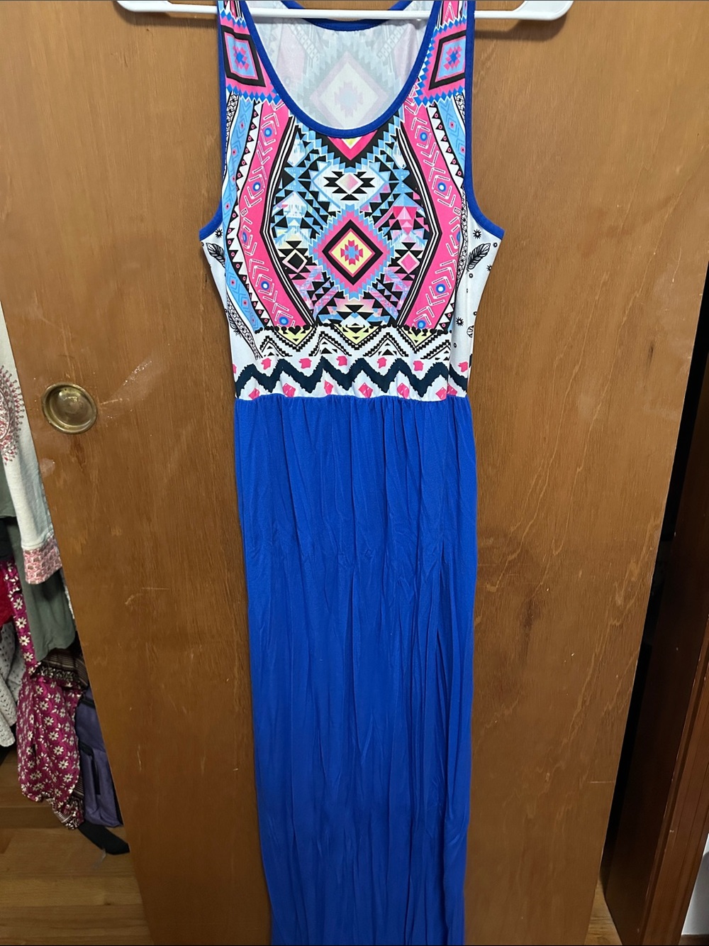 Royal Blue Maxi Dress with Pink Aztec Bodice